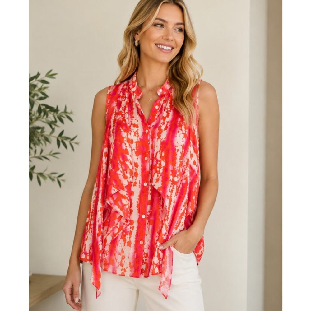 Etcetera 100% Silk Sleeveless Waterfall Blouse Size 2 Pink Coral‎ Abstract Print
